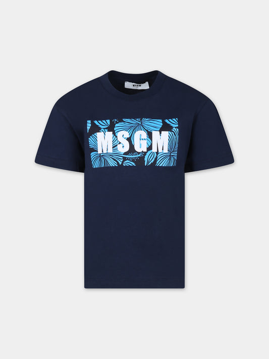 T-shirt blu per bambino con logo,Msgm Kids,S4MSJBTH257 060