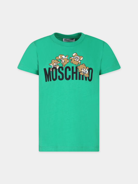 T-shirt verde per bambini con Teddy Bears e logo,Moschino Kids,HMM04K LAA03 30321