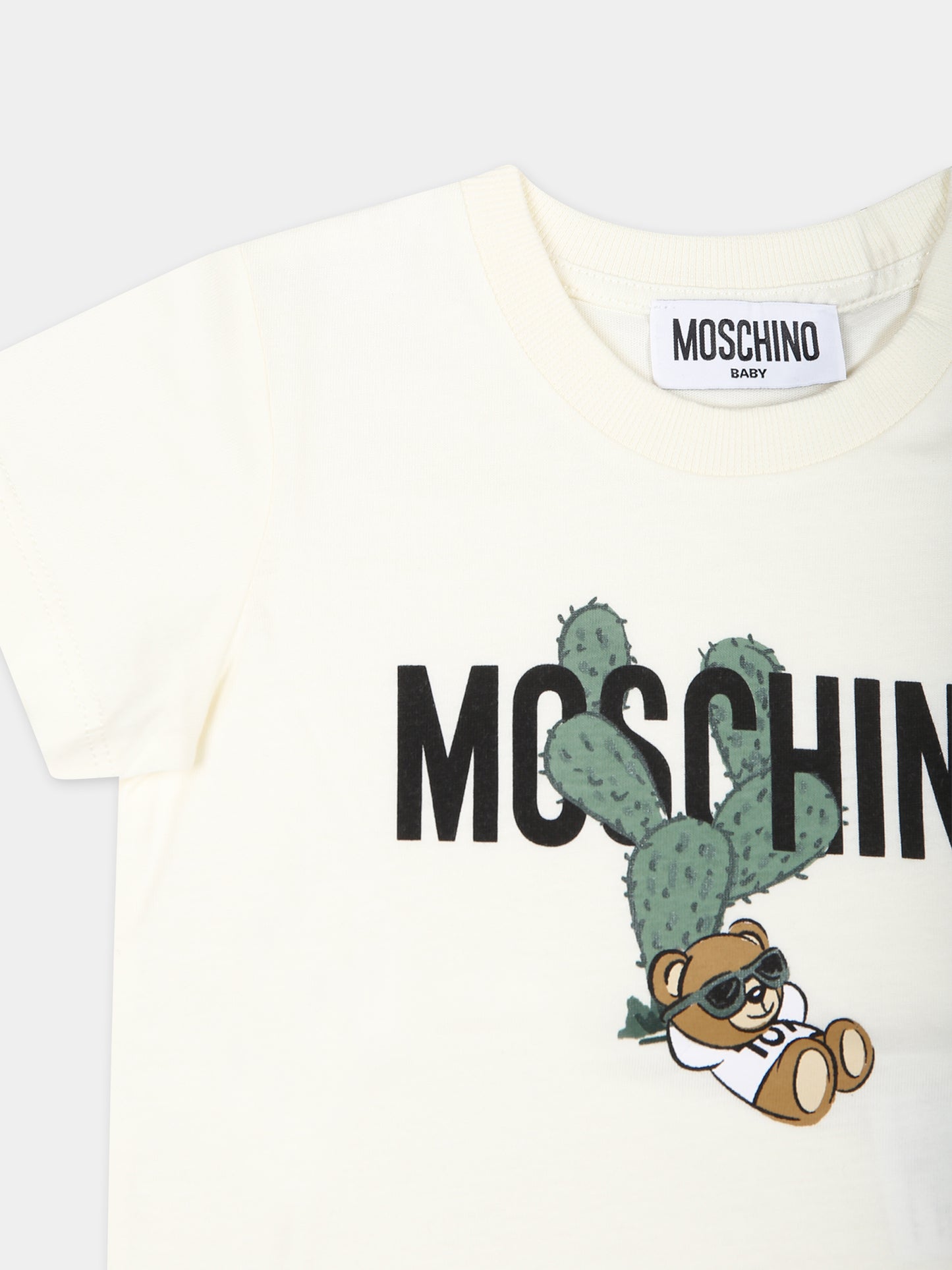 T-shirt avorio per neonato con Teddy Bear e cactus,Moschino Kids,MXM032 LAA02 20059
