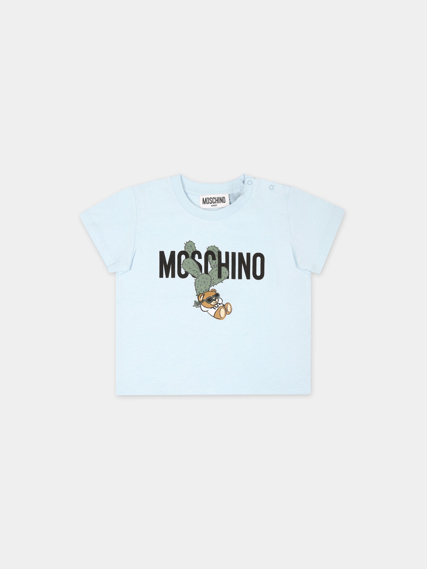 T-shirt celeste per neonato con Teddy Bear e cactus,Moschino Kids,MXM032 LAA02 40304