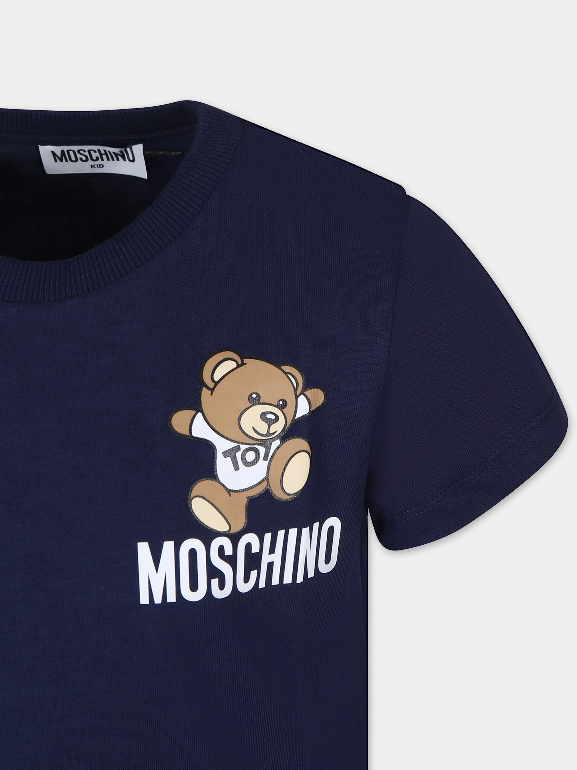 T-shirt blu per bambini con Teddy Bear e logo,Moschino Kids,HUM04K LAA02 40016