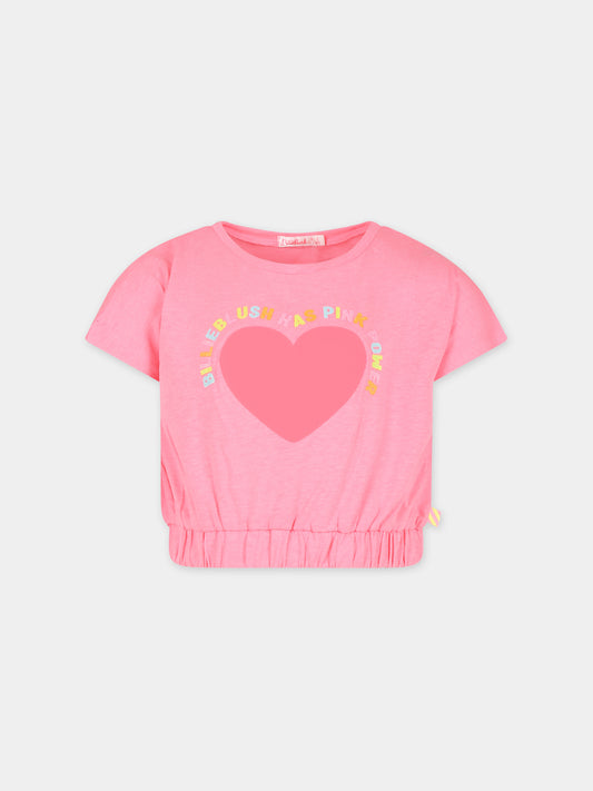 T-shirt crop fucsia per bambina con cuore e logo,Billieblush,U20350 499