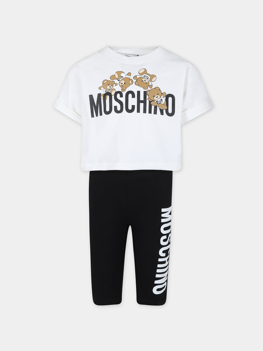 Completo bianco per bambina con Teddy Bears e logo,Moschino Kids,HDG013 LBA00 81214