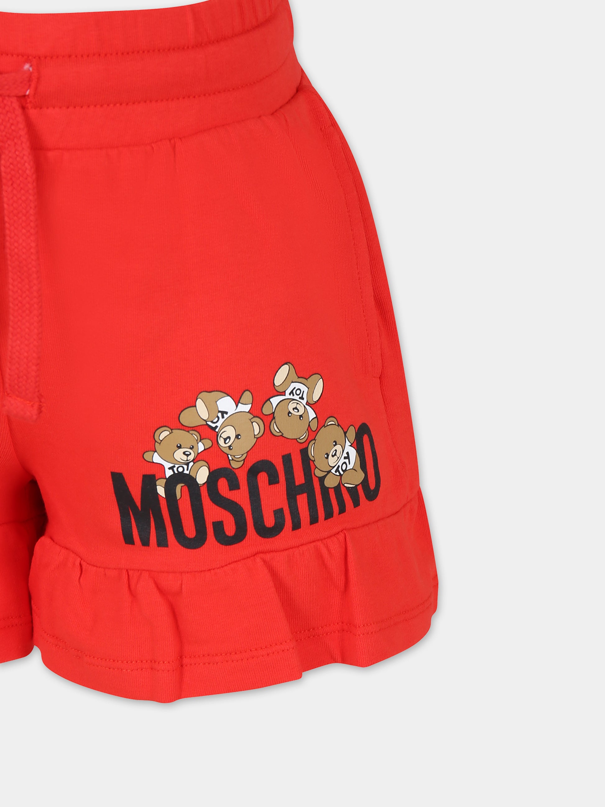 Shorts rossi per bambina con Teddy Bears e logo,Moschino Kids,HDQ014 LDA00 50109