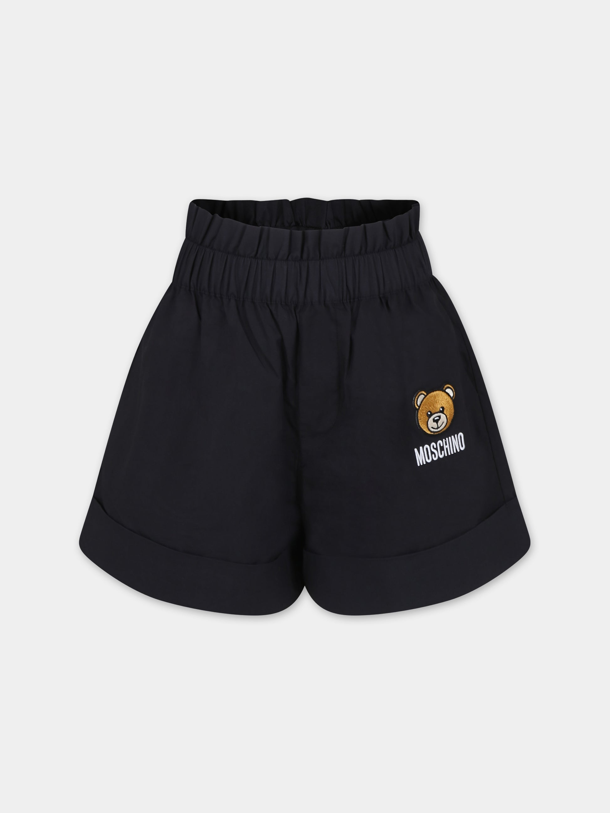 Shorts neri per bambina con Teddy bear e logo,Moschino Kids,HDQ018 LLA11 60100