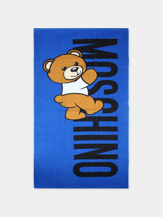 Telo mare blu per bambino con Teddy Bear e logo,Moschino Kids,HPX01B LGA15 40289