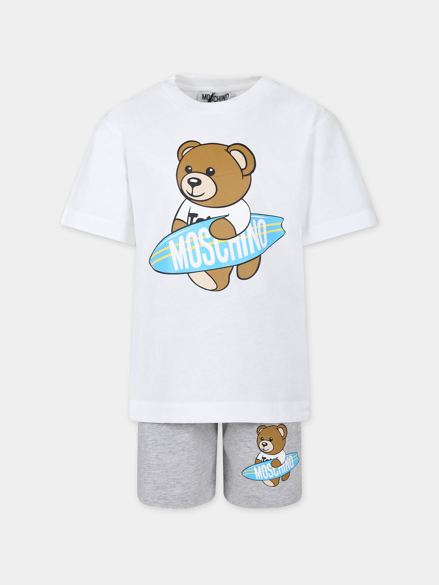 Completo bianco per bambino con Teddy Bear e tavola da surf,Moschino Kids,HUG00L LAA23 84171