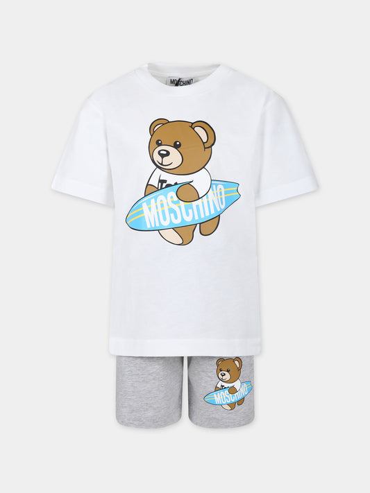 Completo bianco per bambino con Teddy Bear e tavola da surf,Moschino Kids,HUG00L LAA23 84171