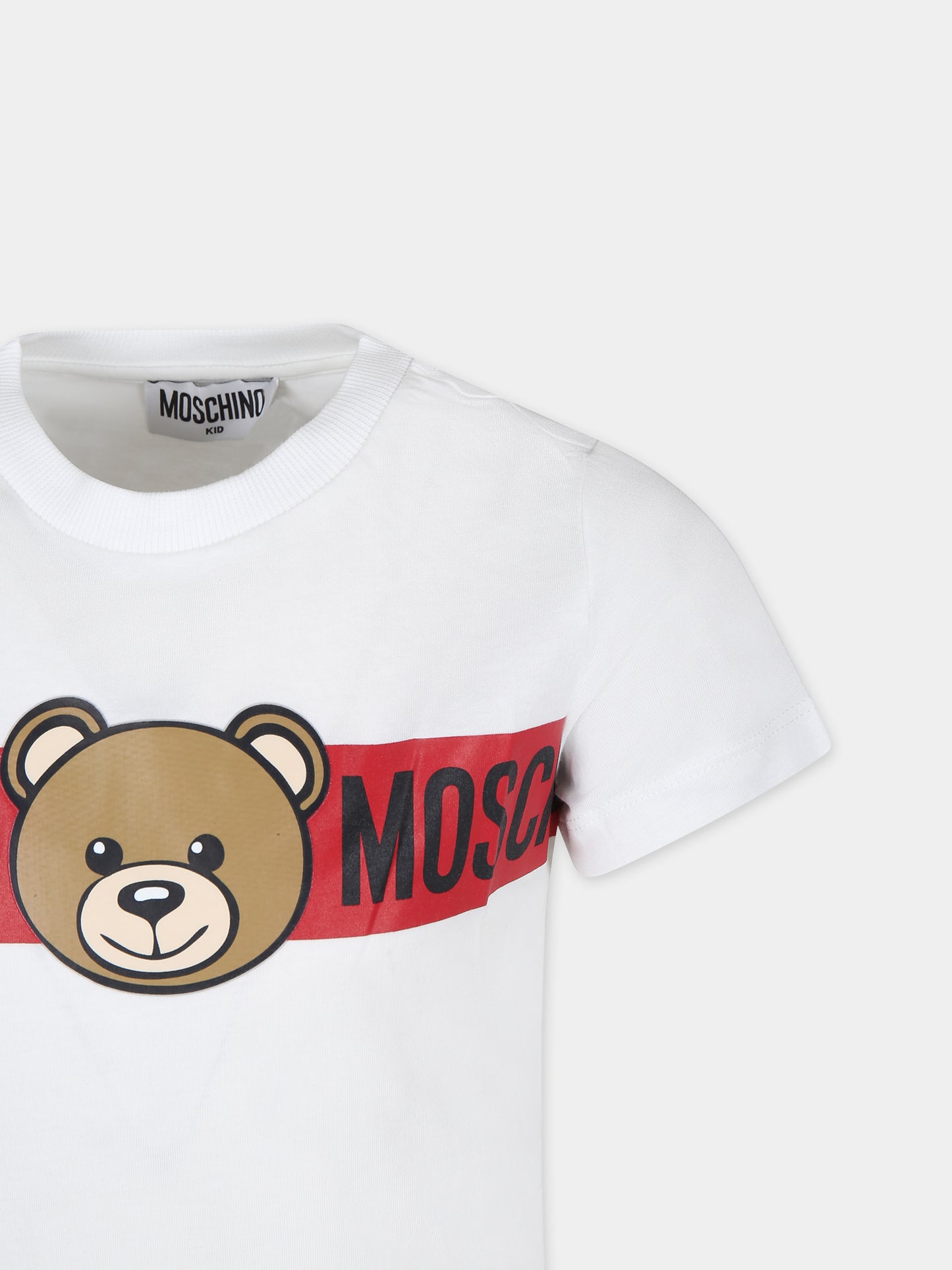 T-shirt bianca per bambini con Teddy Bear e logo,Moschino Kids,HUM04Q LAA03 10101