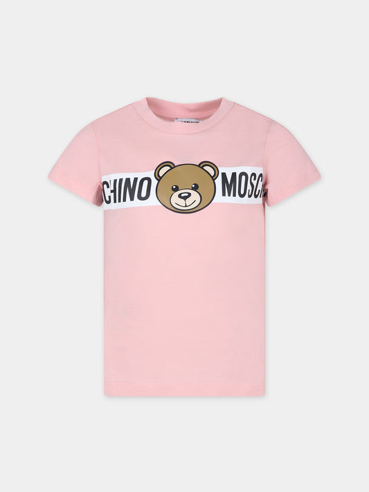 T-shirt rosa per bambina con Teddy Bear e logo,Moschino Kids,HUM04Q LAA03 50209