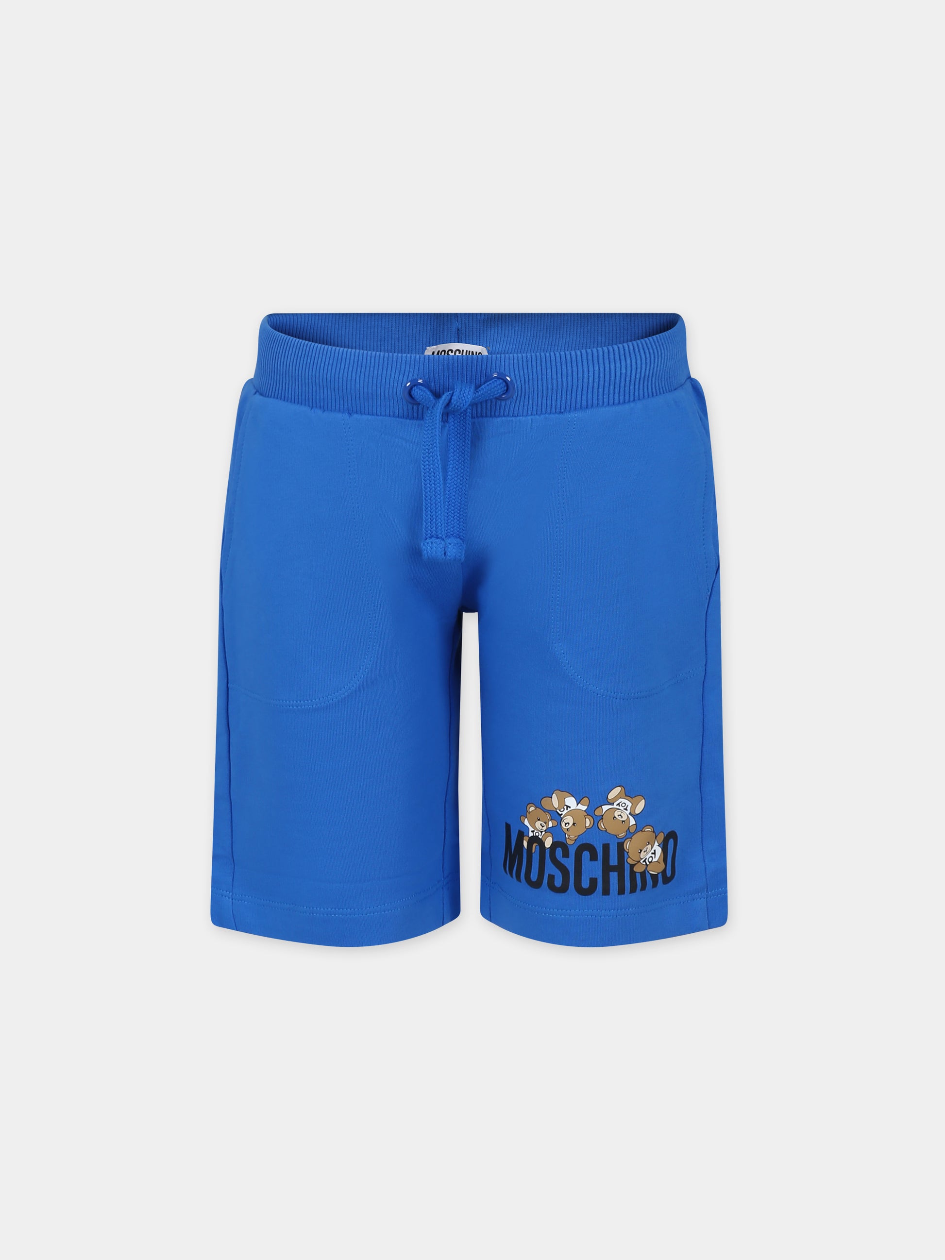 Shorts azzurri per bambini con Teddy Bers e logo,Moschino Kids,HUQ01O LCA19 40289
