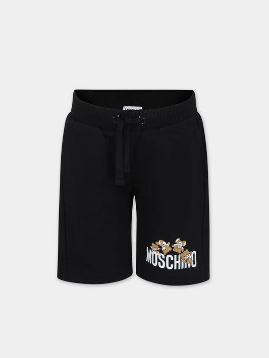 Shorts neri per bambini con Teddy Bers e logo,Moschino Kids,HUQ01O LCA19 60100