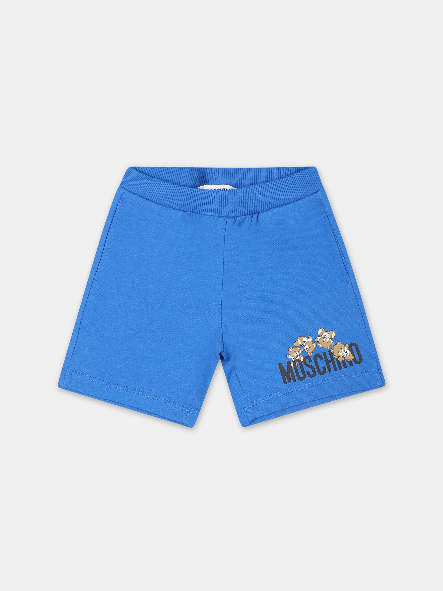 Shorts blu per neonato con Teddy Bears e logo,Moschino Kids,MNQ00N LCA19 40289