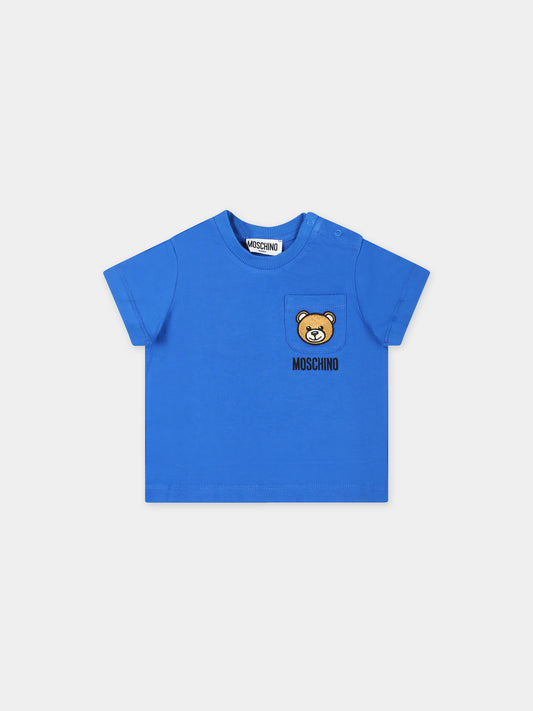 T-shirt blu per neonato con Teddy Bear e logo,Moschino Kids,MUM040 LAA23 40289