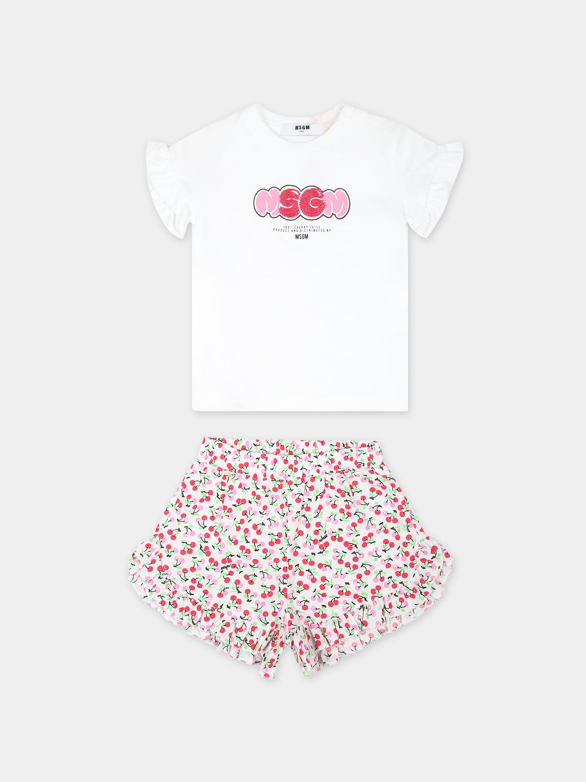 Completo bianco per neonata con logo e ciliegie,Msgm Kids,MS029369 001