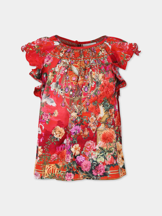 Top rosso per bambina con stampa floreale,Camilla,00036144-SWTHMALX