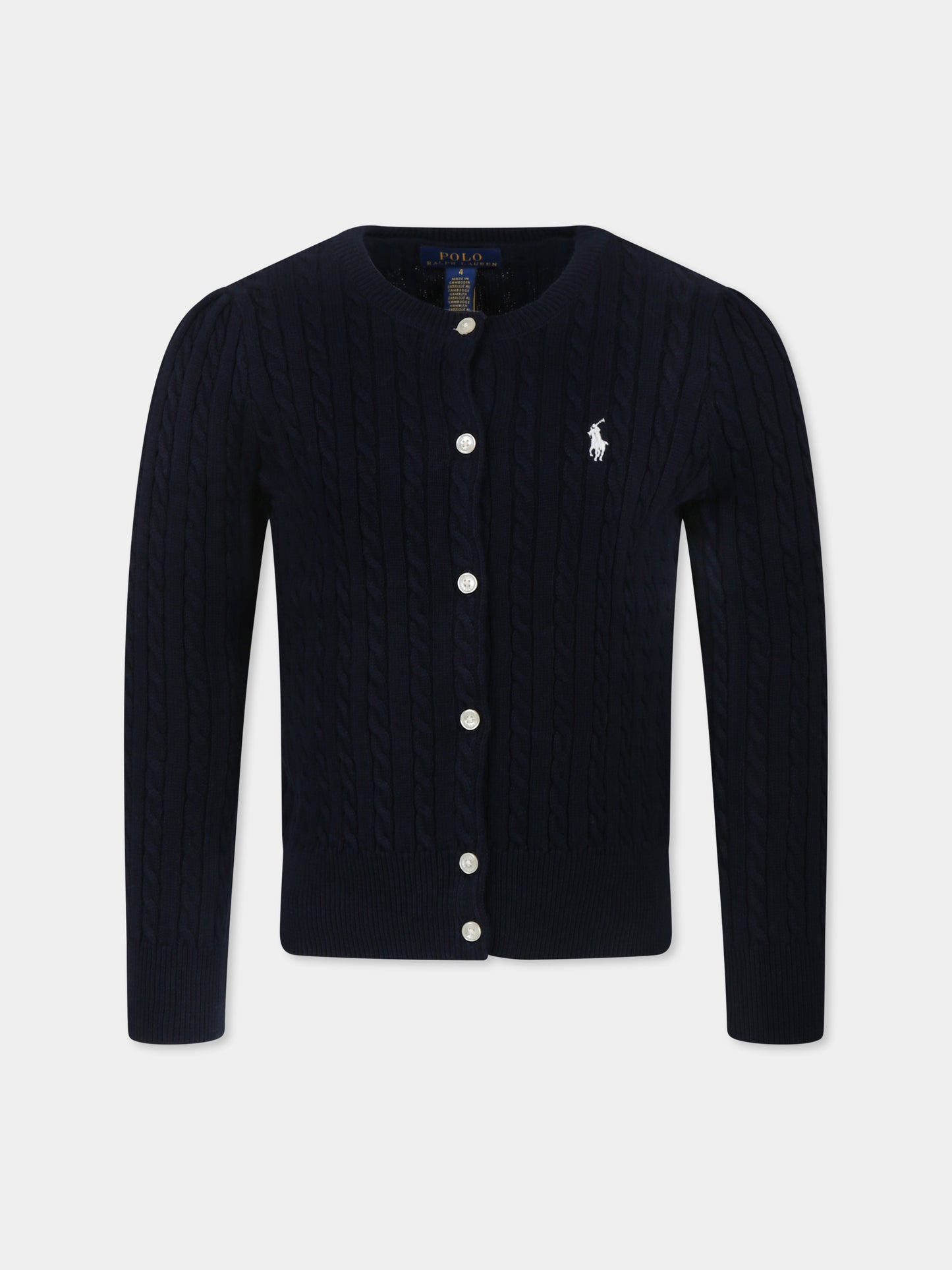Cardigan blu per bambina con cavallino,Ralph Lauren Kids,543047011 HUNTER NAVY