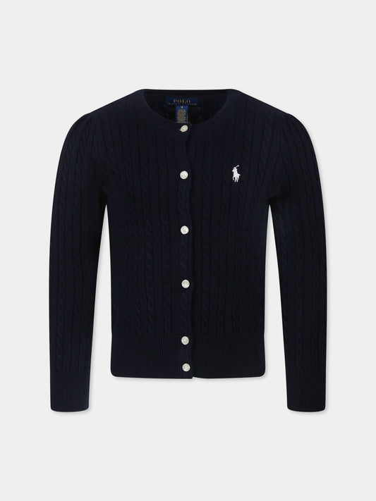 Cardigan blu per bambina con cavallino,Ralph Lauren Kids,543047011 HUNTER NAVY