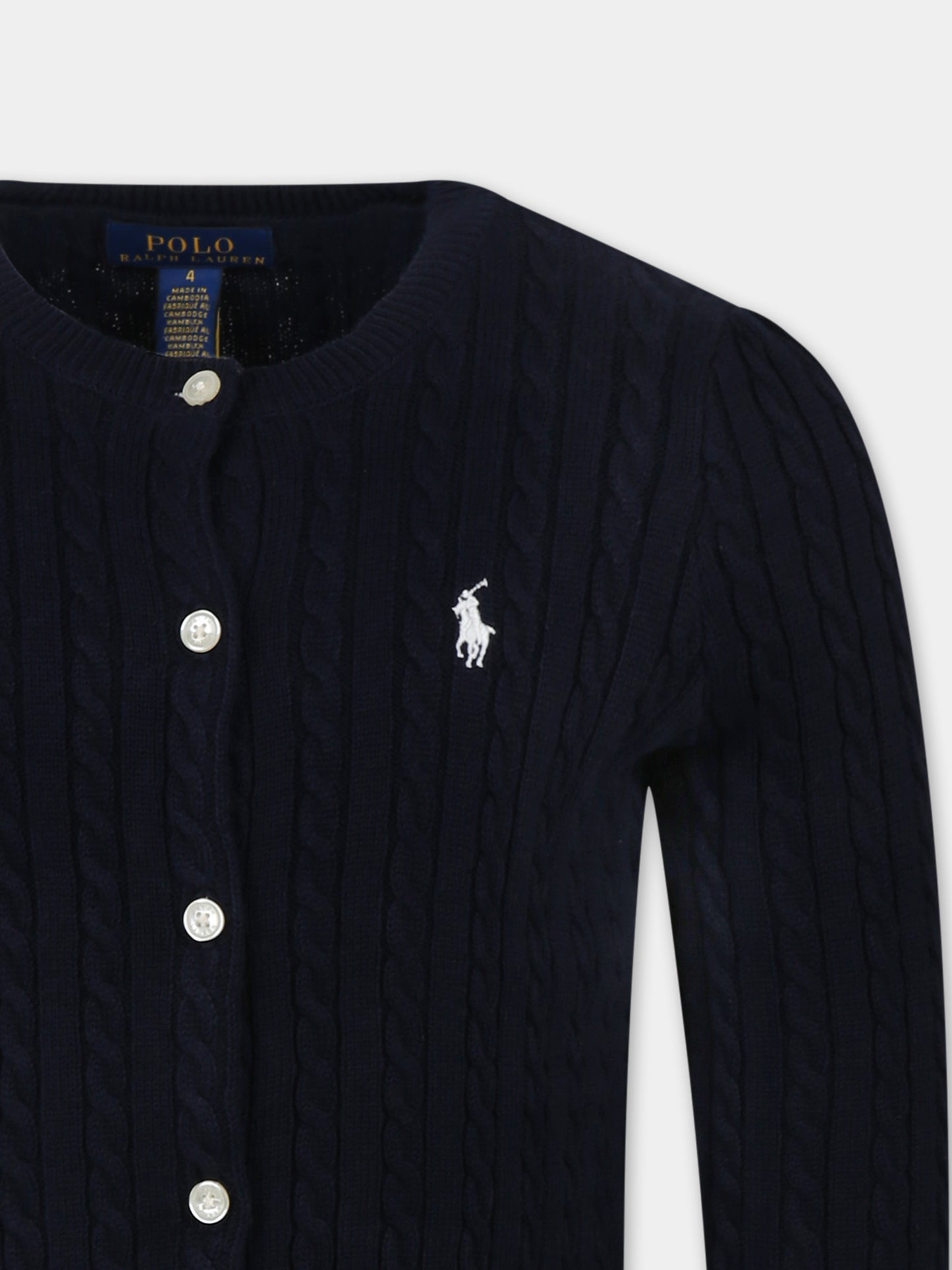 Cardigan blu per bambina con cavallino,Ralph Lauren Kids,543047011 HUNTER NAVY