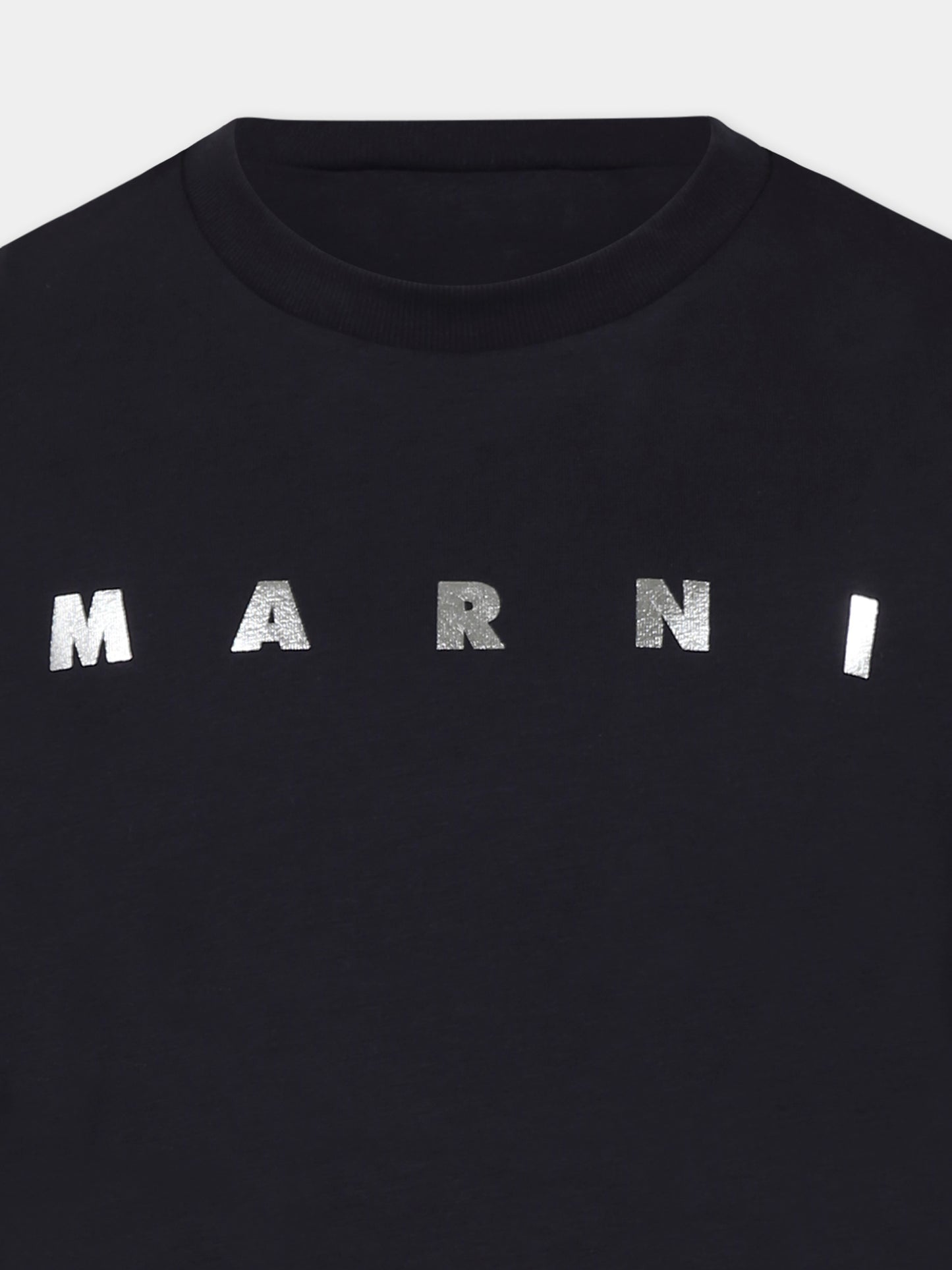 T-shirt blu crop per bambina con logo argentato metallizzato,Marni Kids,M01317 M00HZ MT256F 0M803