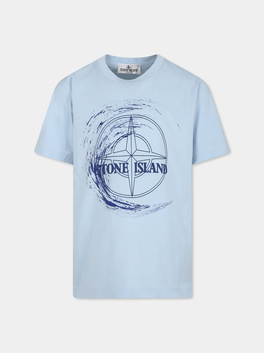T-shirt celeste per bambino con logo e bussola,Stone Island Junior,801621072 V0040