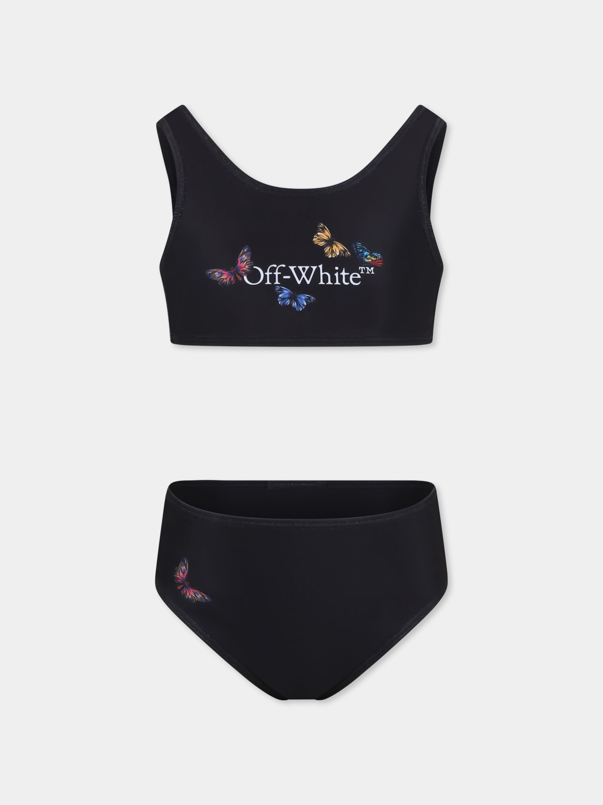 Bikini nero per bambina con logo e farfalle,Off White,OGFA014S25JER0011001