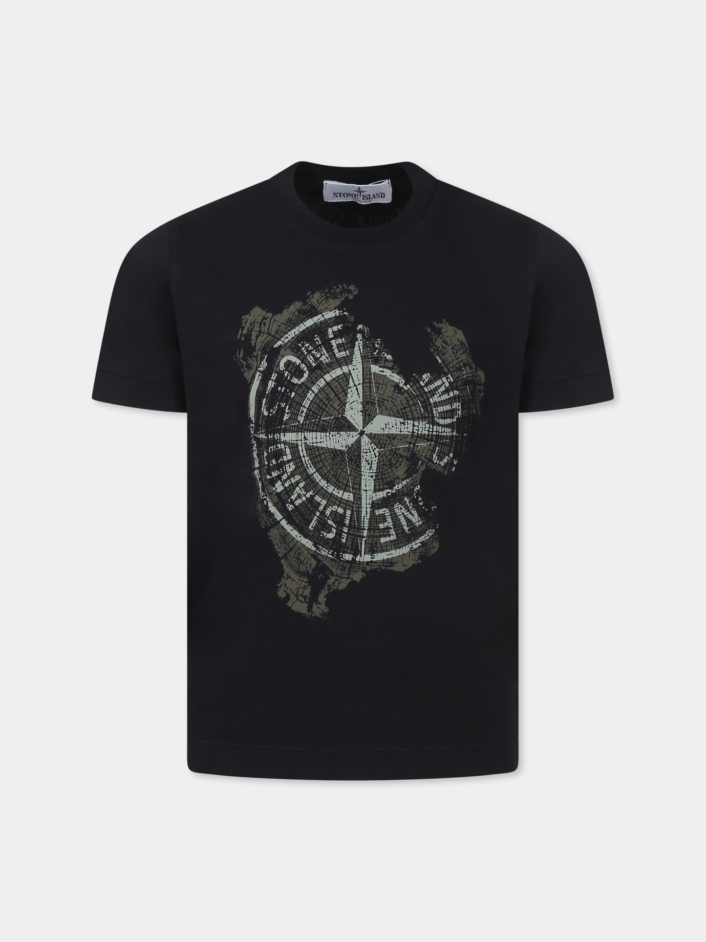 T-shirt nera per bambino con stampa bussola,Stone Island Junior,K1S16 2100010 S0128 V0029