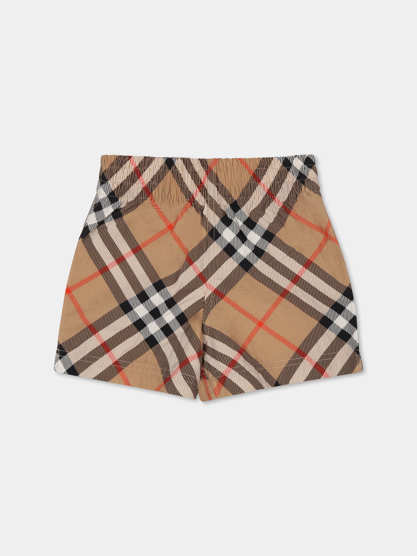Beige swim shorts for baby boy with vintage check