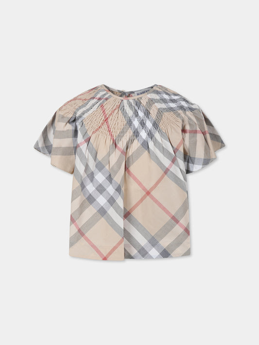 Top beige per bambina con check vintage,Burberry Kids,8100059 A2205