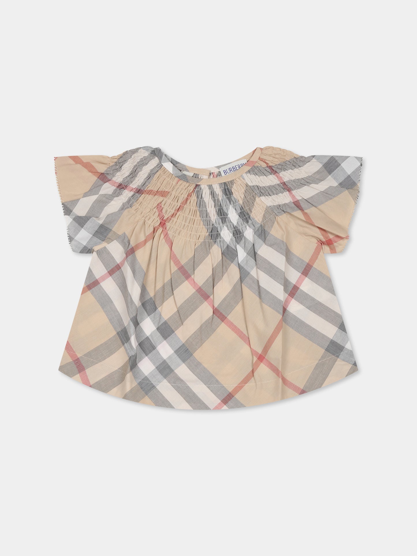 Beige top for baby girl with vintage check