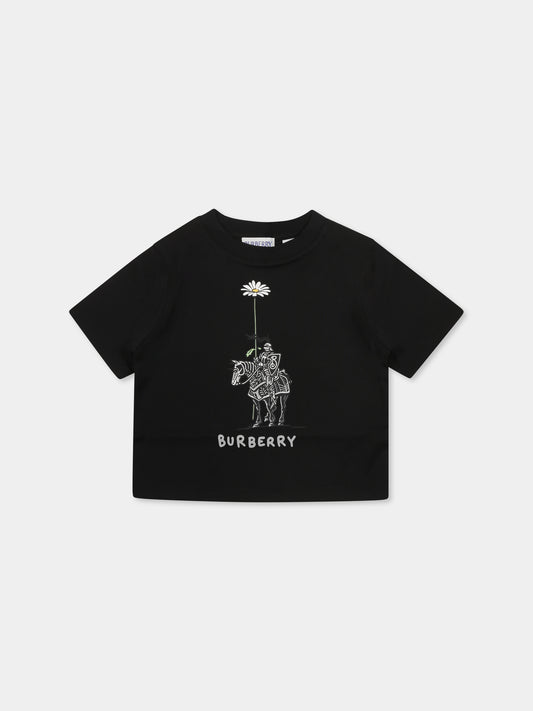 T-shirt nera per neonato con logo e cavaliere equestre,Burberry Kids,8104393 A1189