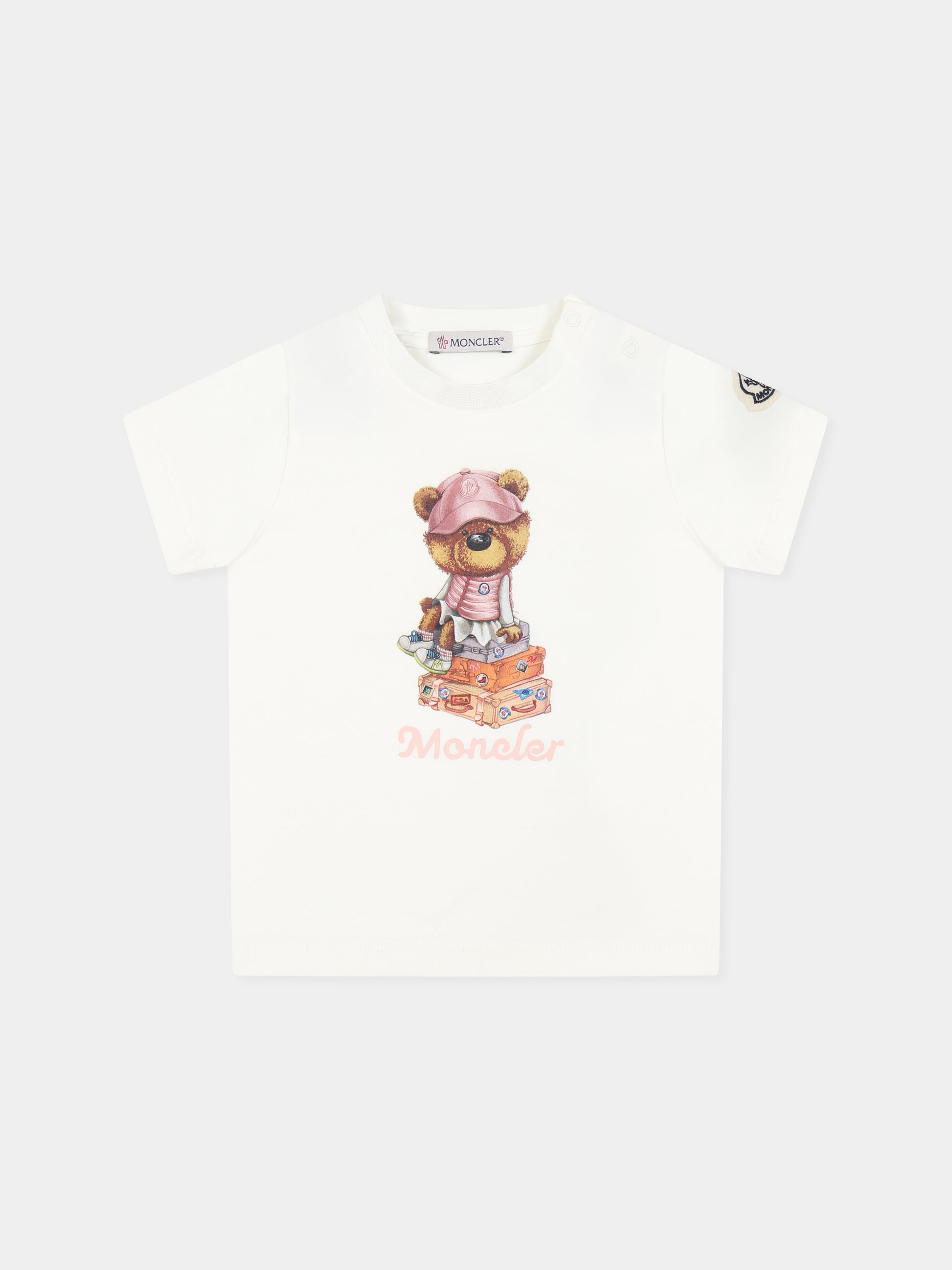 T-shirt bianca per neonata con logo e orsetto,Moncler Kids,K1951 8C00005 89AUM 034