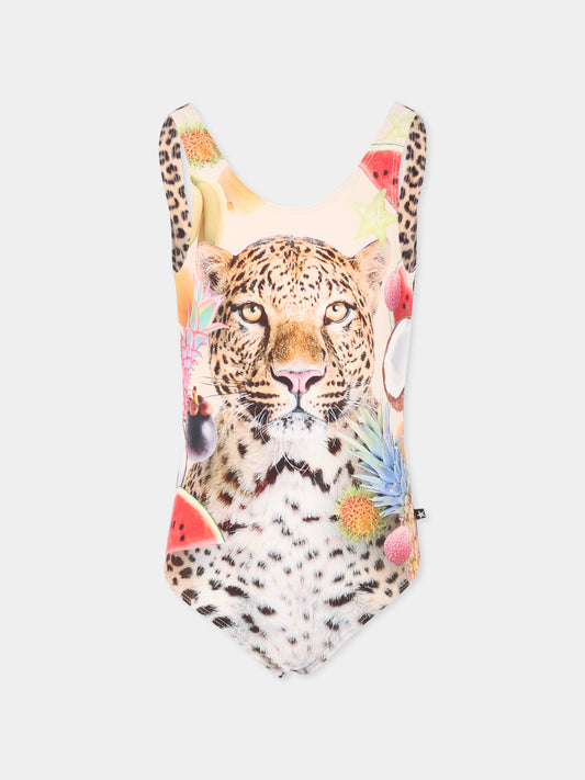 Multicolor swimsuit for girl with leopard