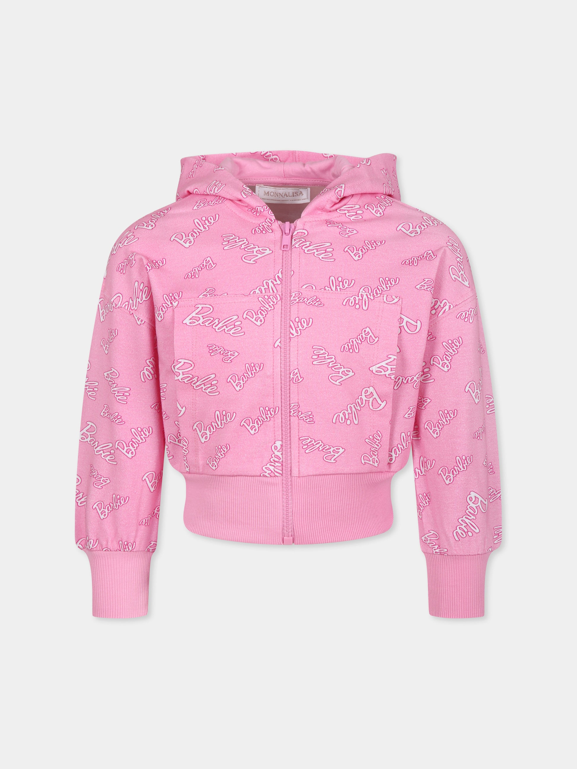 Felpa crop rosa per bambina con scritta Barbie all over,Monnalisa,19D820 4772 0093