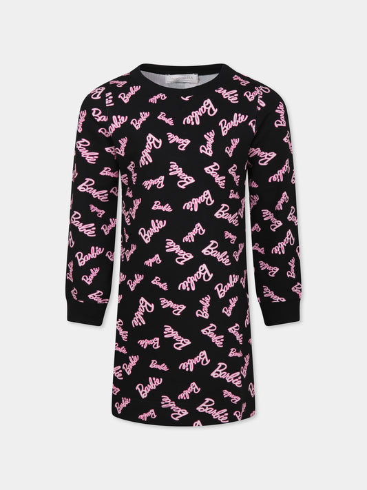 Vestito nero per bambina con scritta Barbie all over,Monnalisa,19D930 4772 0050