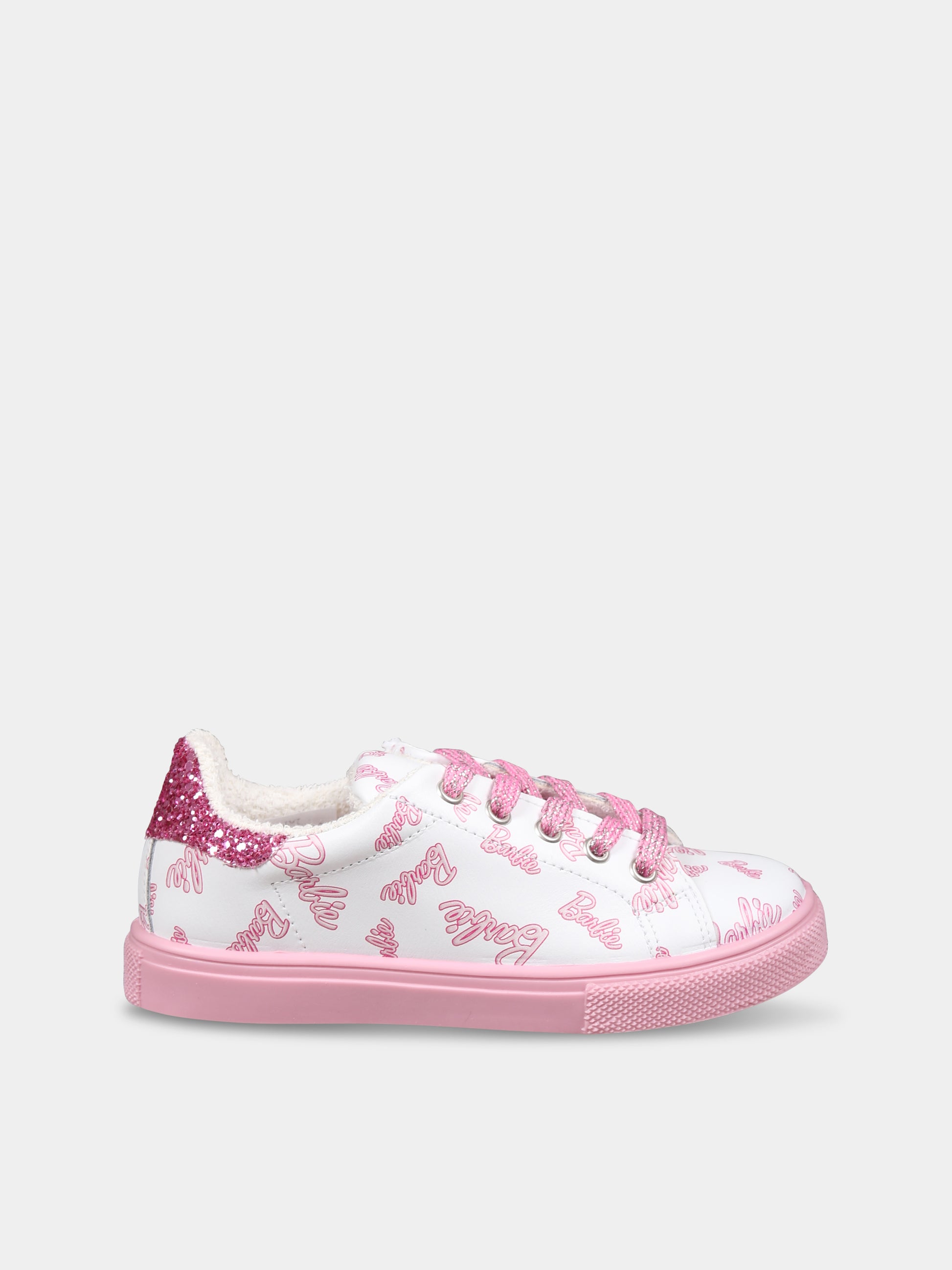 Sneakers bianche per bambina con scritta Barbie all over,Monnalisa,8CD020 4F34 0193