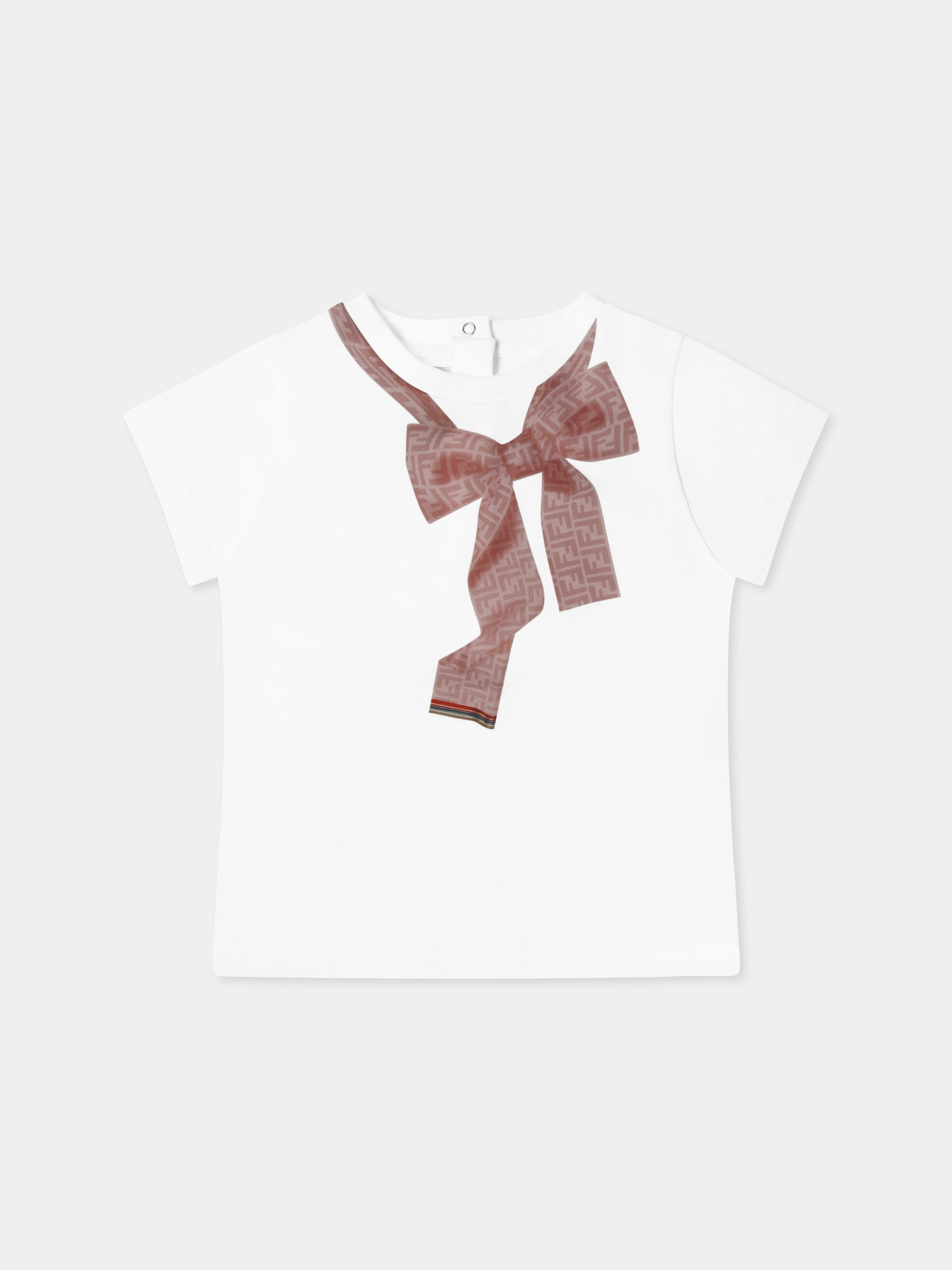 T-shirt bianca per neonata con fiocco e FF,Fendi Kids,BFI163 7AJ F0TU9