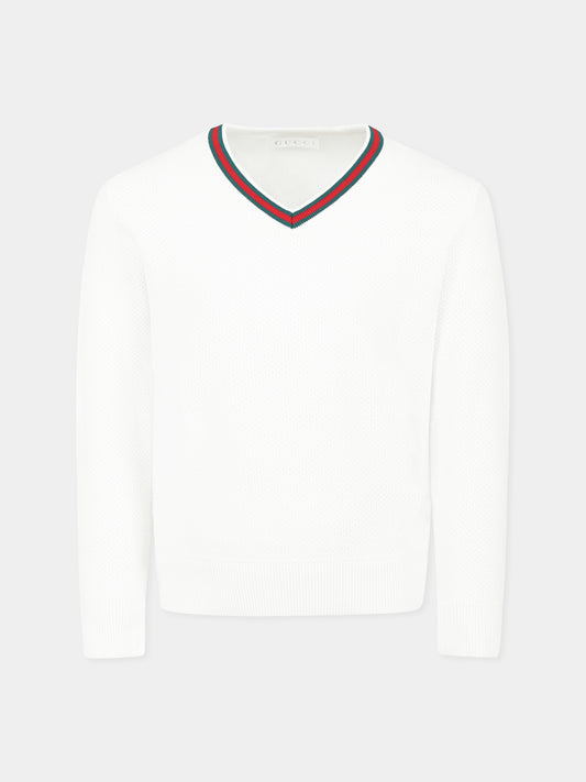 Maglione bianco per bambino con dettaglio Web,Gucci Kids,807873 XKEIS 9060