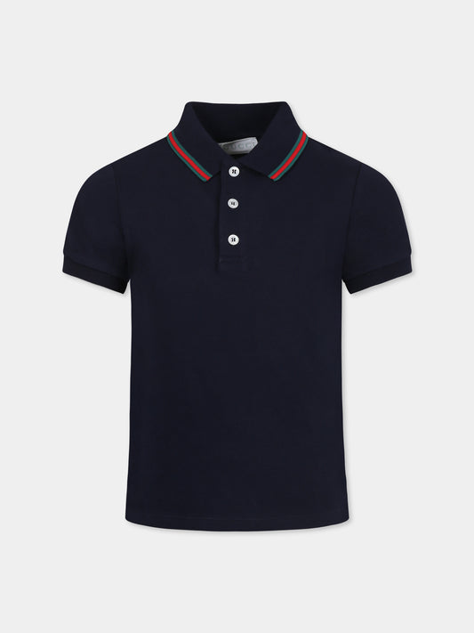 Polo blu per bambino con dettaglio Web,Gucci Kids,805405 XJGXV 4306