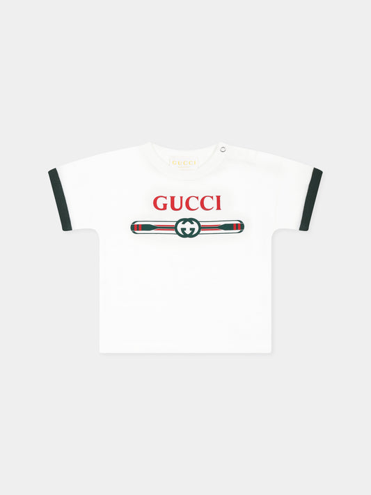 T-shirt bianca per neonato con logo Gucci e remi,Gucci Kids,548140 XJGY3 9214