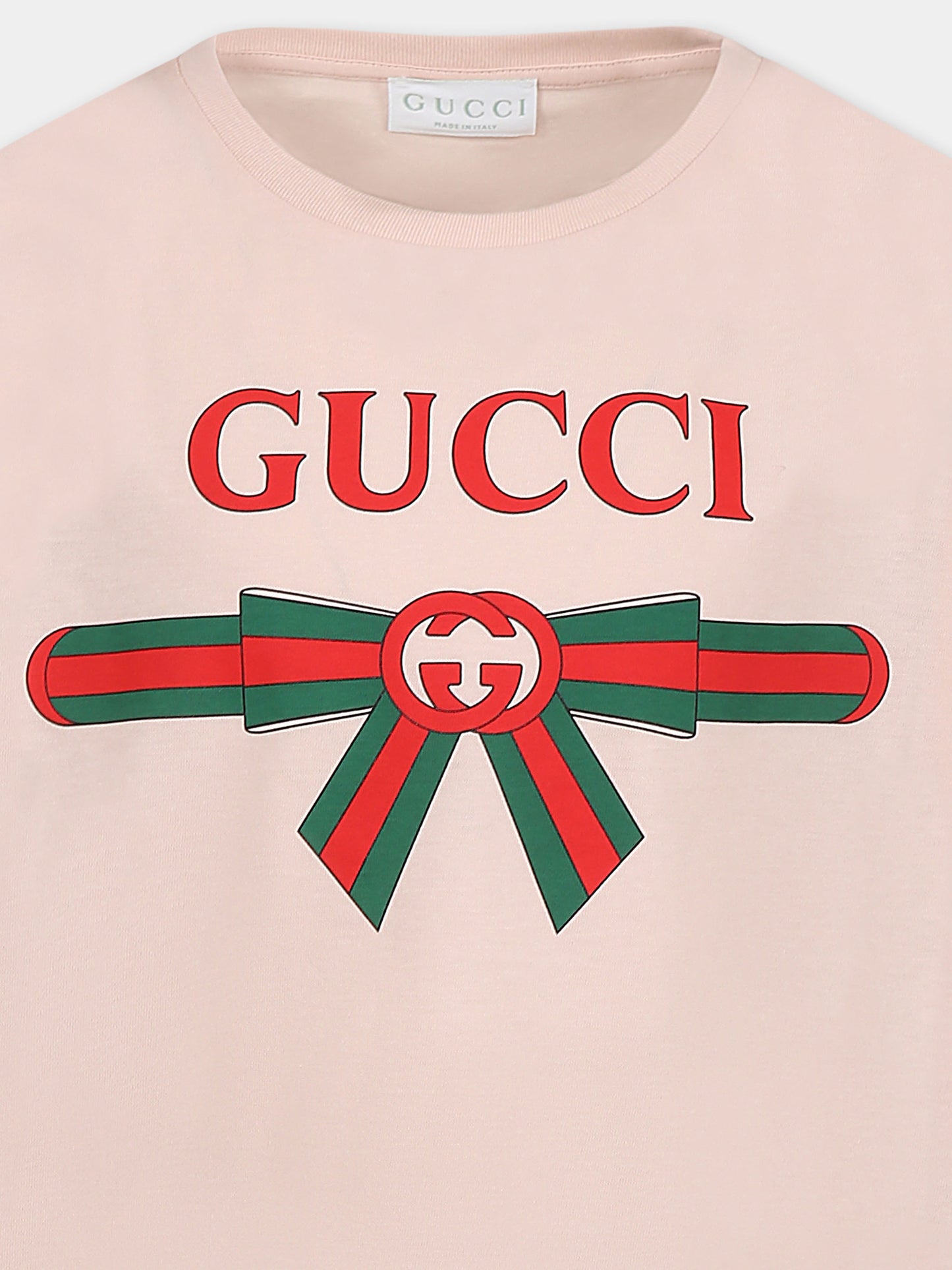 T-shirt rosa per bambina con incrocio GG e fiocco Web,Gucci Kids,610190 XJG0K 6341
