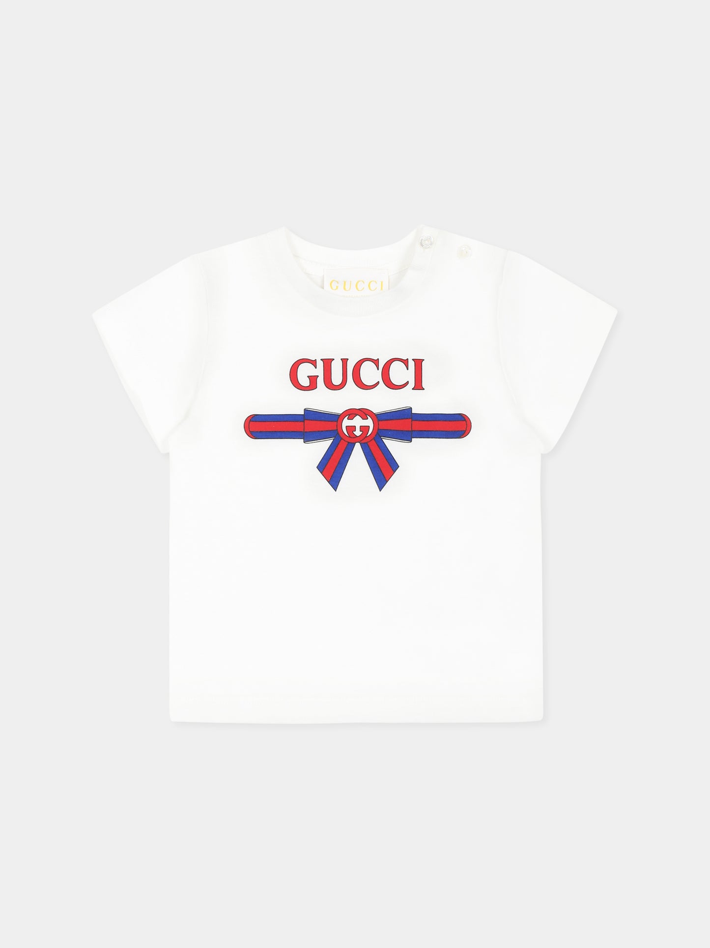 T-shirt bianca per neonata con incrocio GG e fiocco Web,Gucci Kids,555675 XJG6C 9214