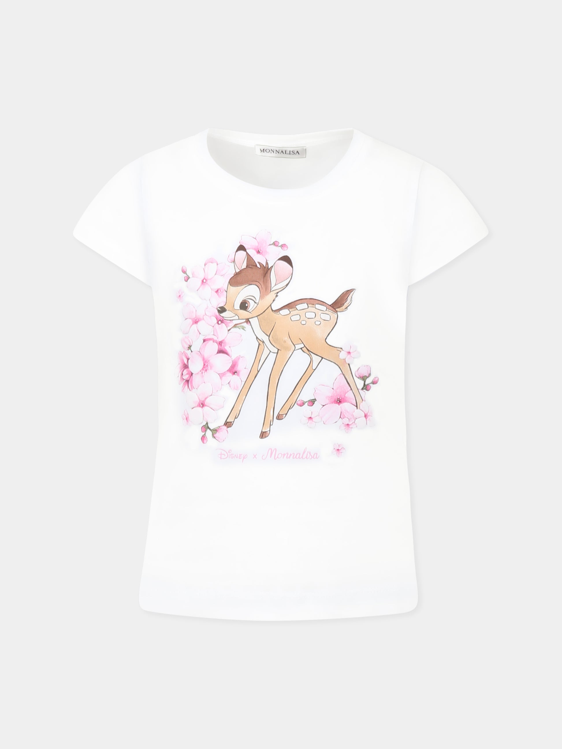 T-shirt bianca per bambina con Bambi e stampa floreale,Monnalisa,11E612 5202 0099