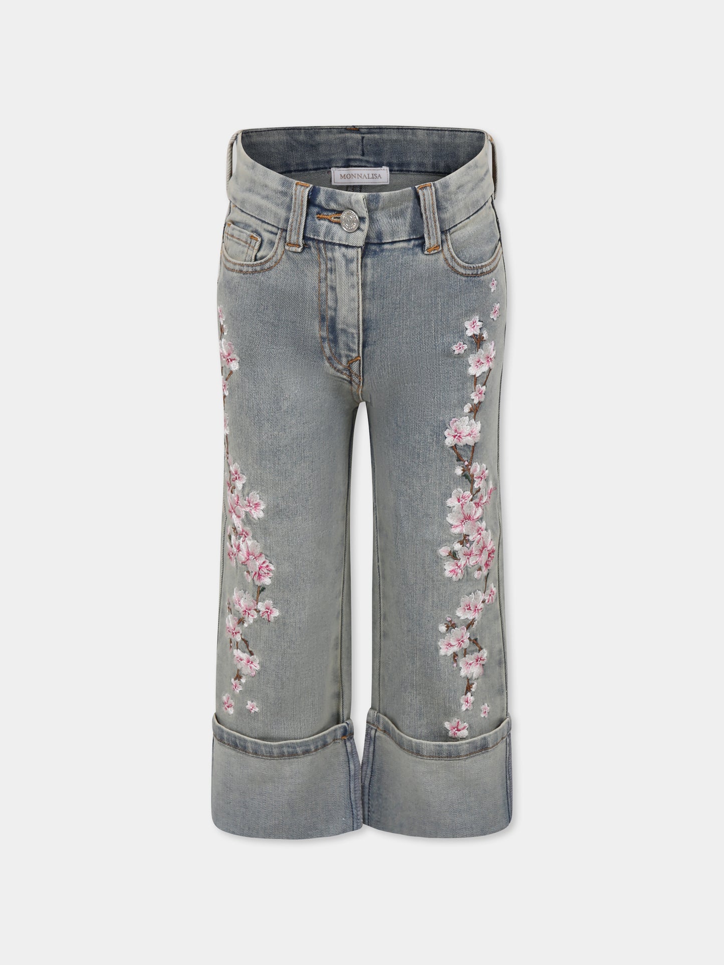 Jeans grigi per bambina con fiori di ciliegio,Monnalisa,19E401 5021 5503