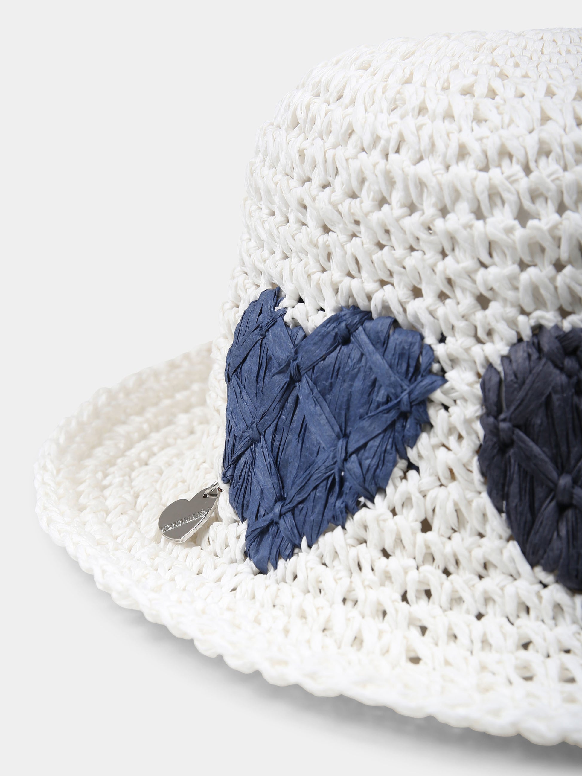 Cappello di paglia bianco per bambina con cuori,Monnalisa,19E071 5097 9956
