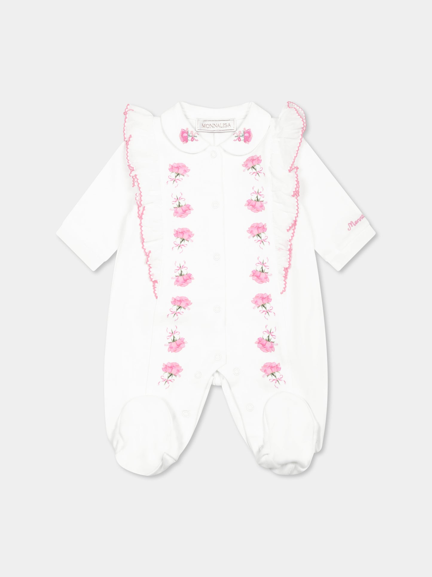 Tutina bianca per neonata con fiori e logo,Monnalisa,35E206 5000 9990