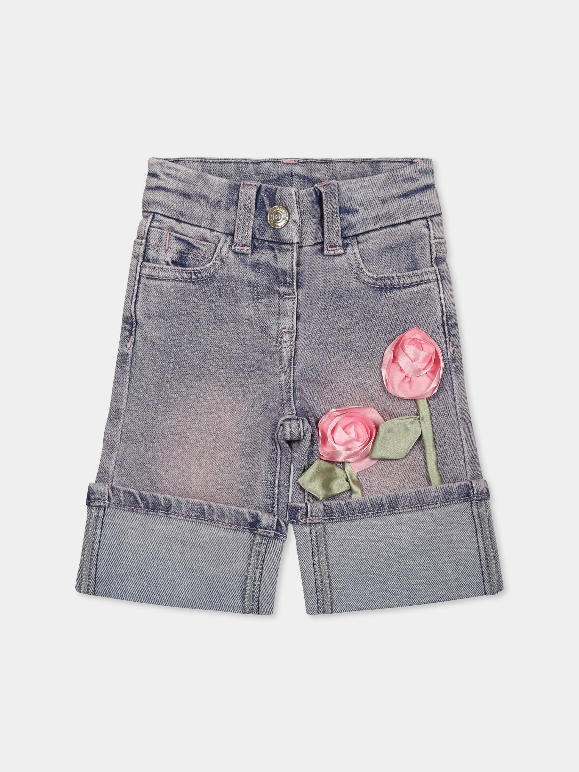 Jeans denim per neonata con rose,Monnalisa,39E400 5020 6290