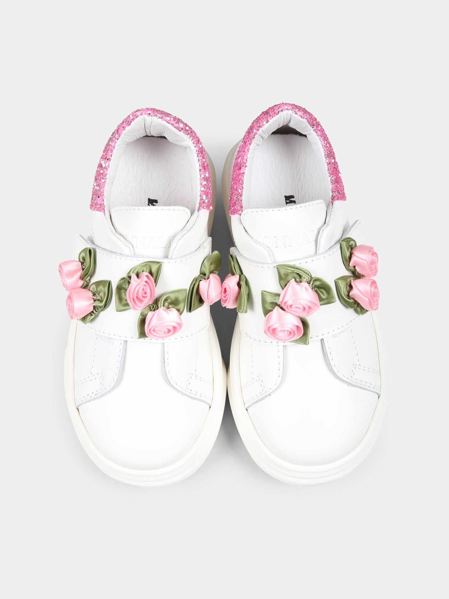 Sneakers bianche per bambina con rose,Monnalisa,83E003 5721 9990