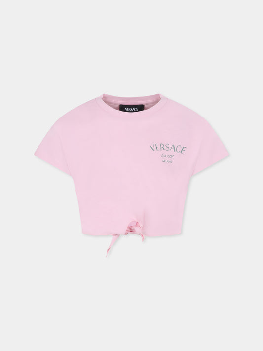 T-shirt crop rosa per bambina con logo e Medusa,Versace,1018184 1A13083 2PX10
