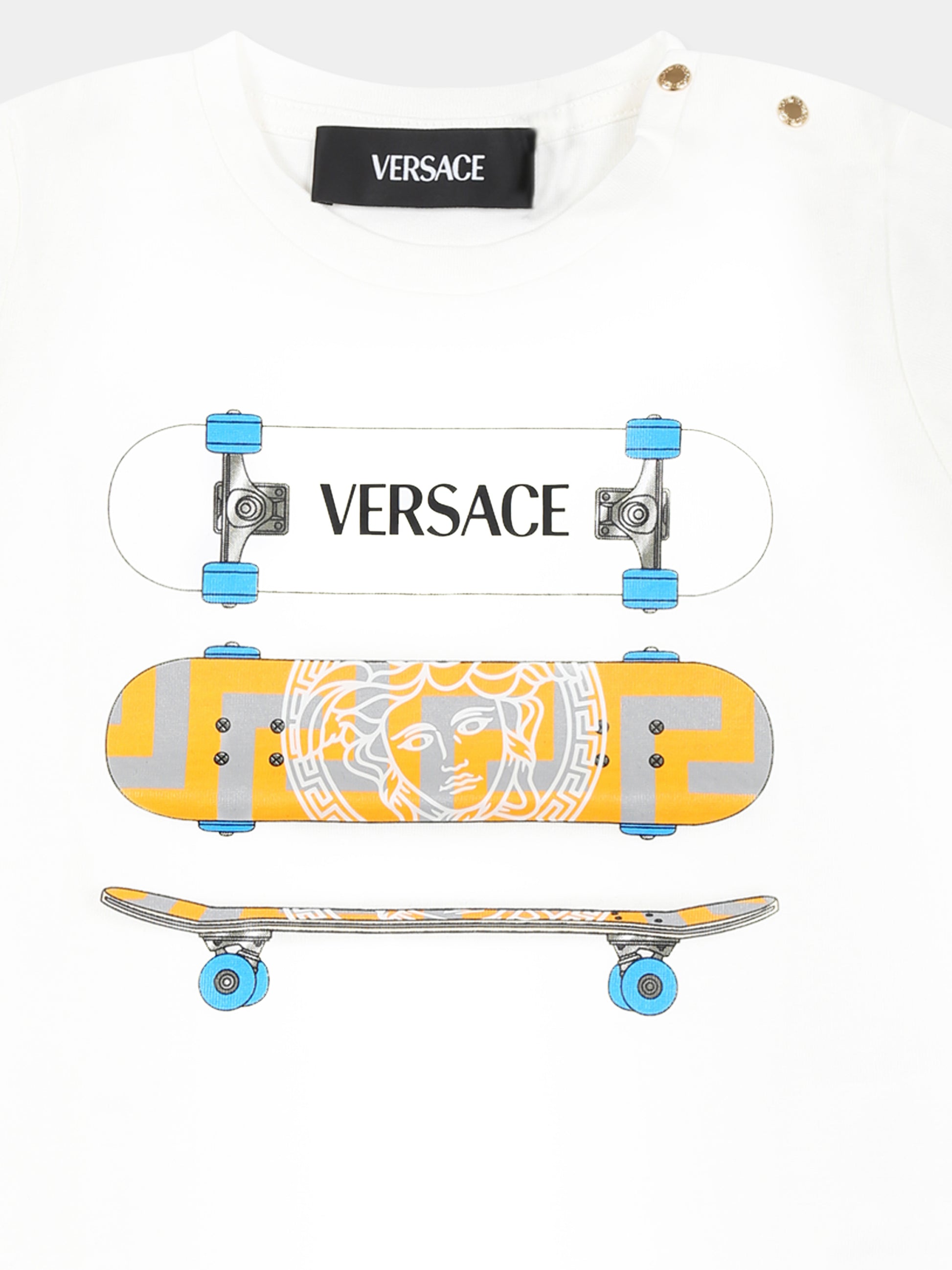 T-shirt bianca per neonato con logo Versace e skateboard,Versace,1018560 1A13231 2W070